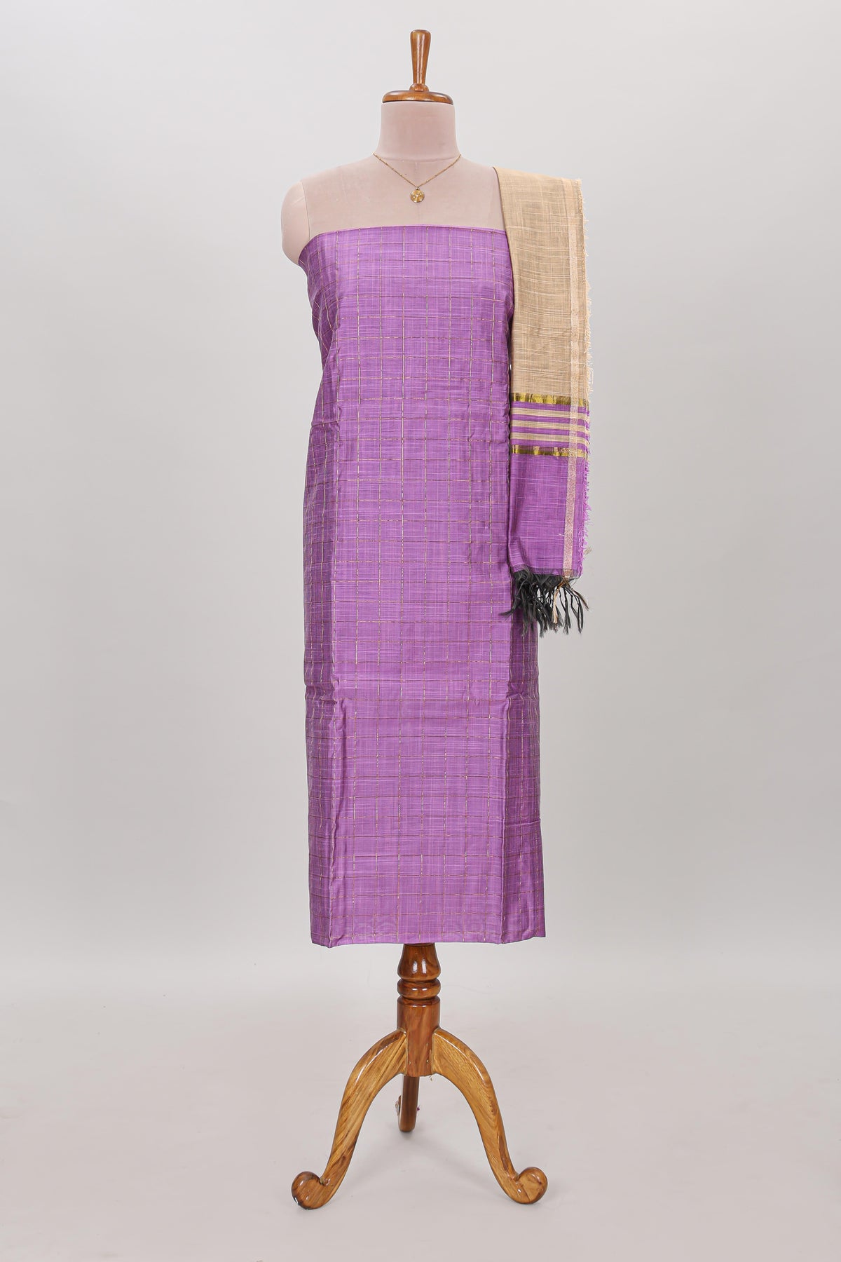 Lavender checked chudidhar material with matching solid pant and striped dupatta