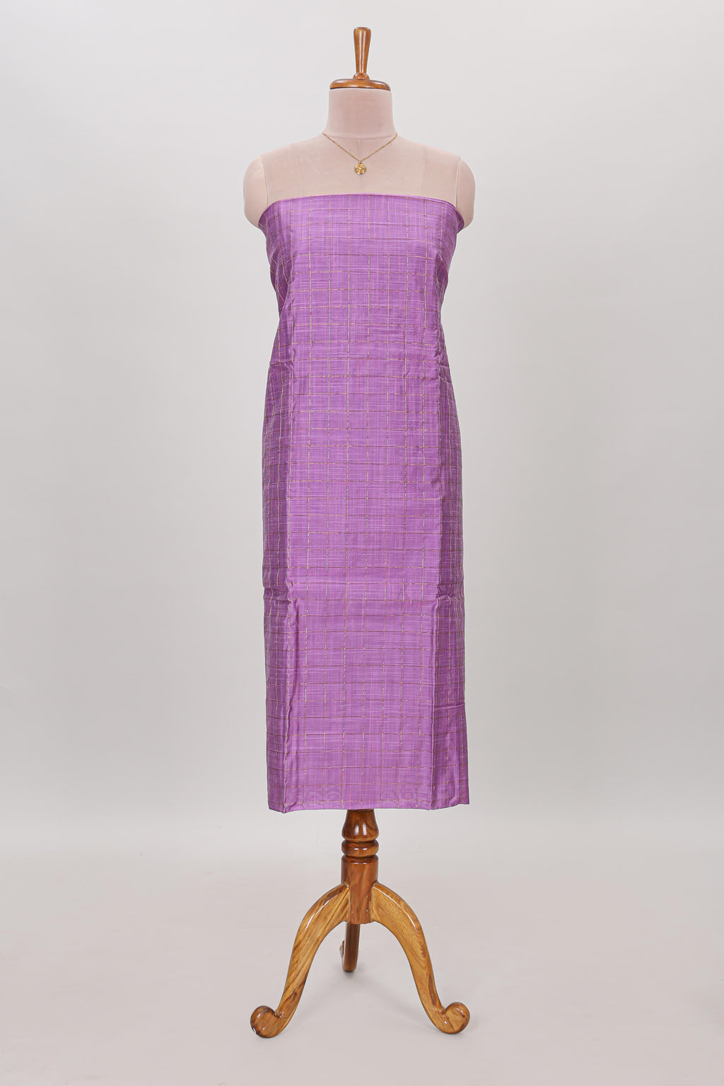 Lavender checked chudidhar material with matching solid pant and striped dupatta