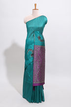 Borderless peacock green floral design art tussar saree with contrast pallu and motifs blouse