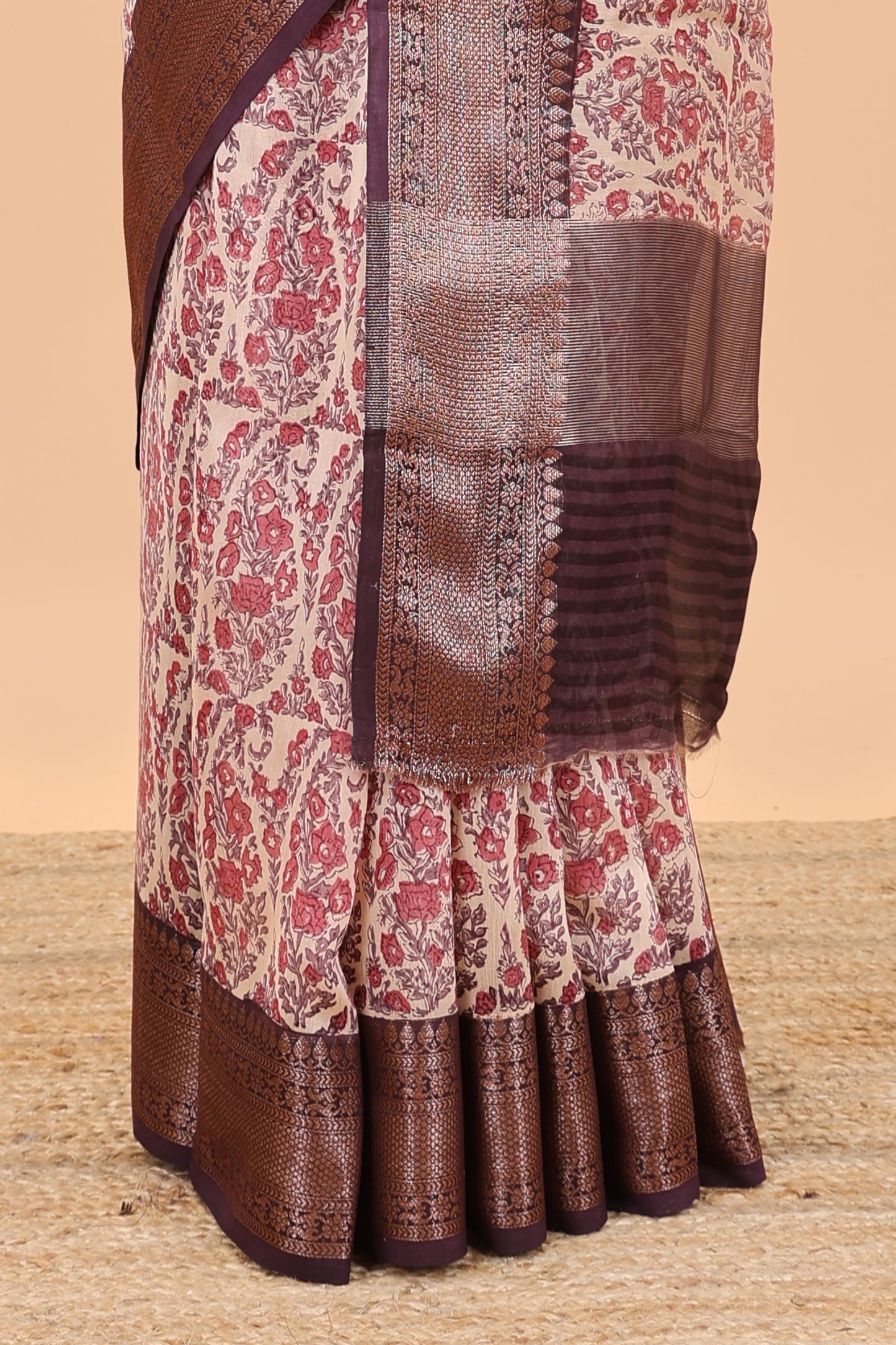 Cream paisley print chanderi cotton saree with contrast zari border and pallu