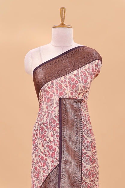 Cream paisley print chanderi cotton saree with contrast zari border and pallu