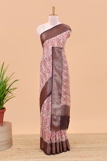 Cream paisley print chanderi cotton saree with contrast zari border and pallu