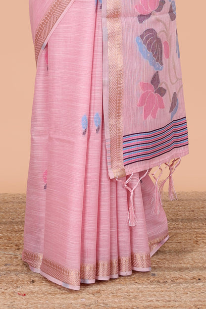 Pink linen cotton saree with buttas and floral design pallu, zari border