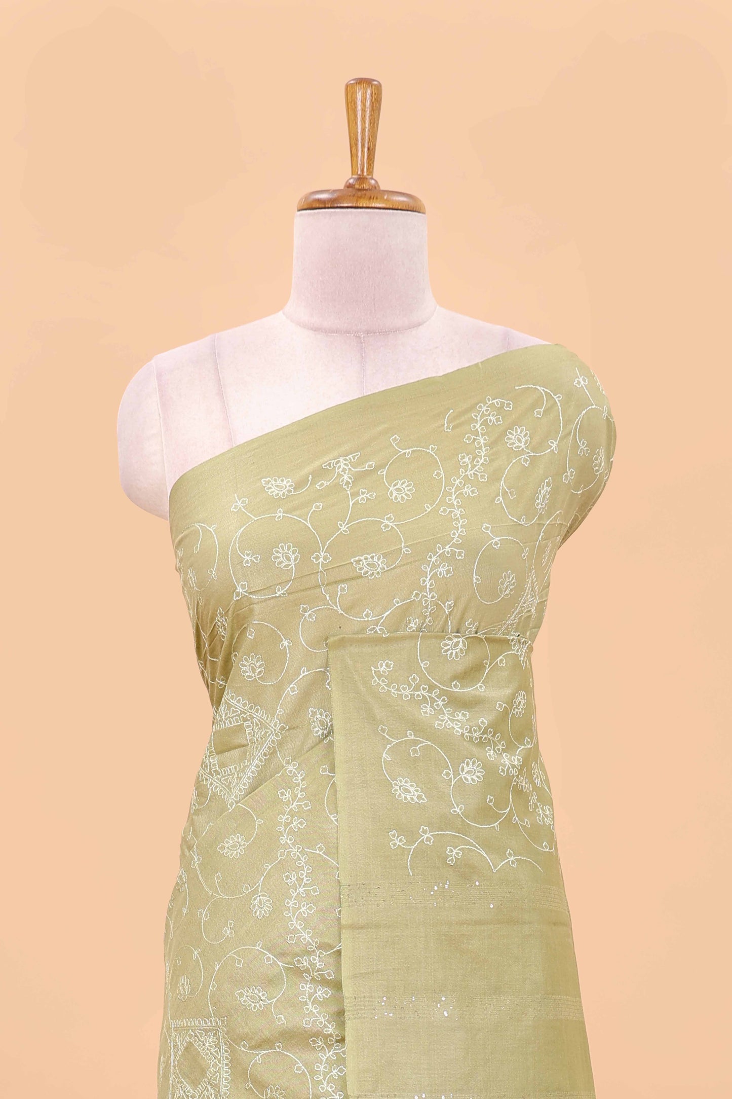 Borderless sandal geomentric floral vines chikankari cotton saree with stripes pallu