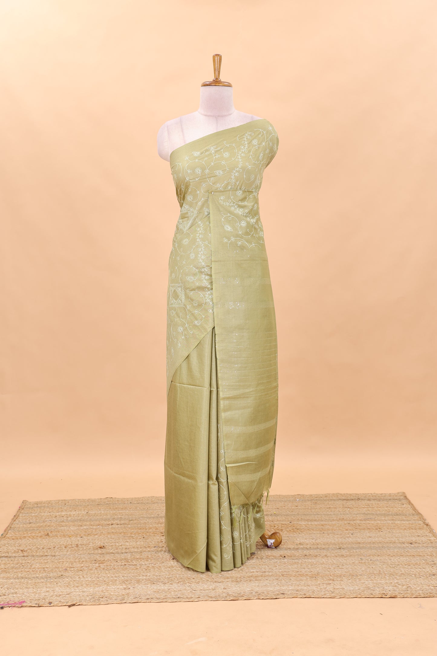 Borderless sandal geomentric floral vines chikankari cotton saree with stripes pallu