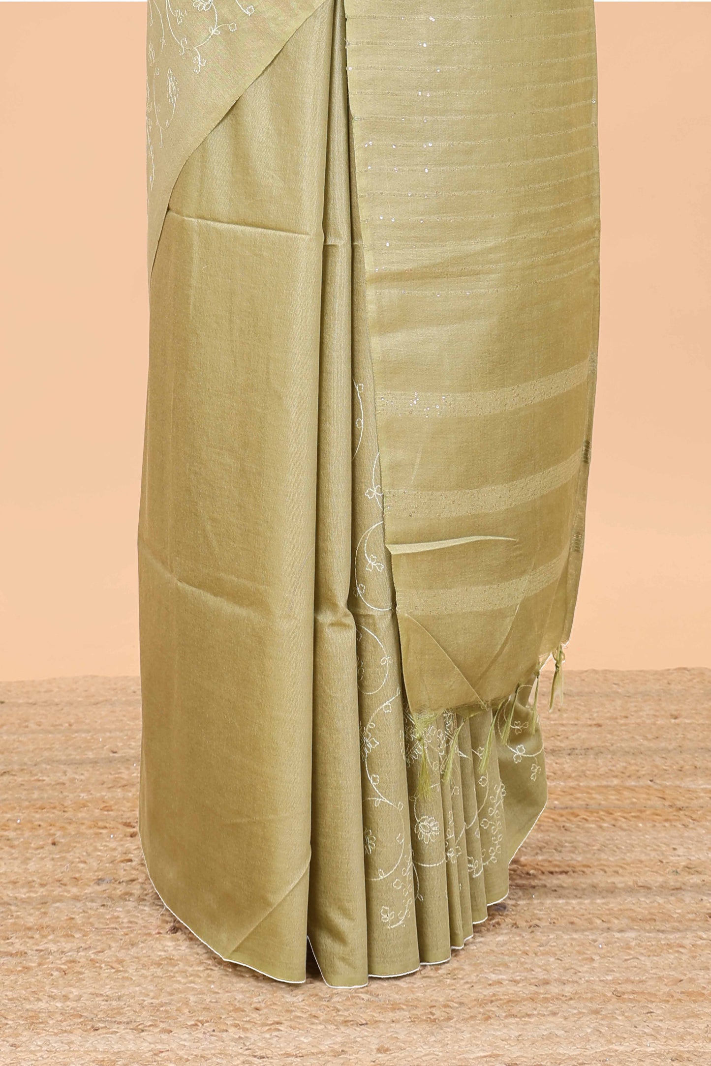 Borderless sandal geomentric floral vines chikankari cotton saree with stripes pallu