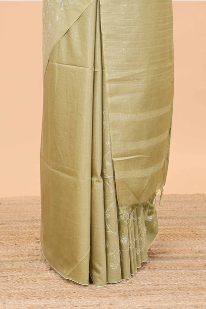 Borderless sandal geomentric floral vines chikankari cotton saree with stripes pallu