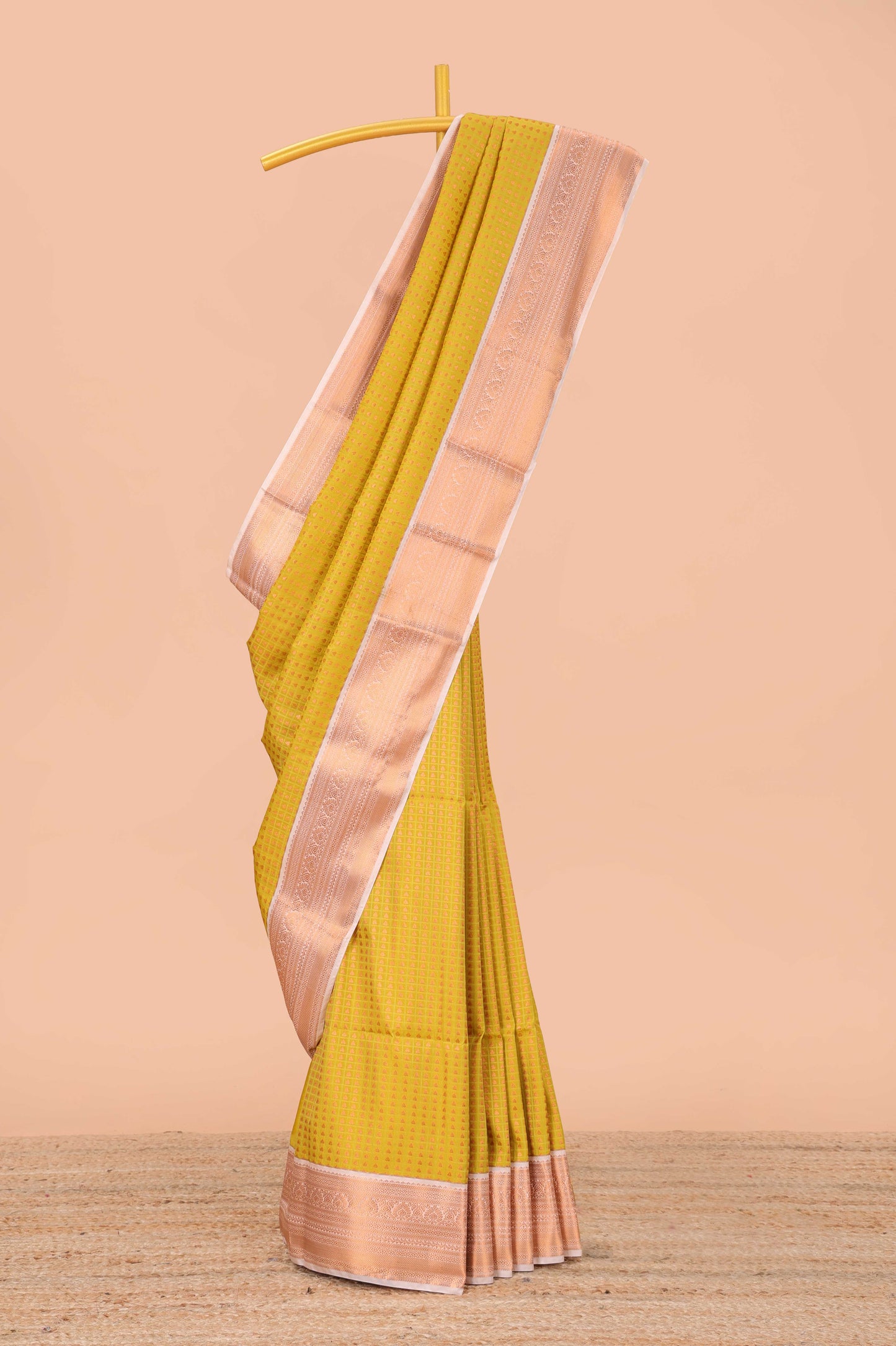 Mustard checked vairaoosi semi soft silk saree with floral zari butta and contrast Pallu