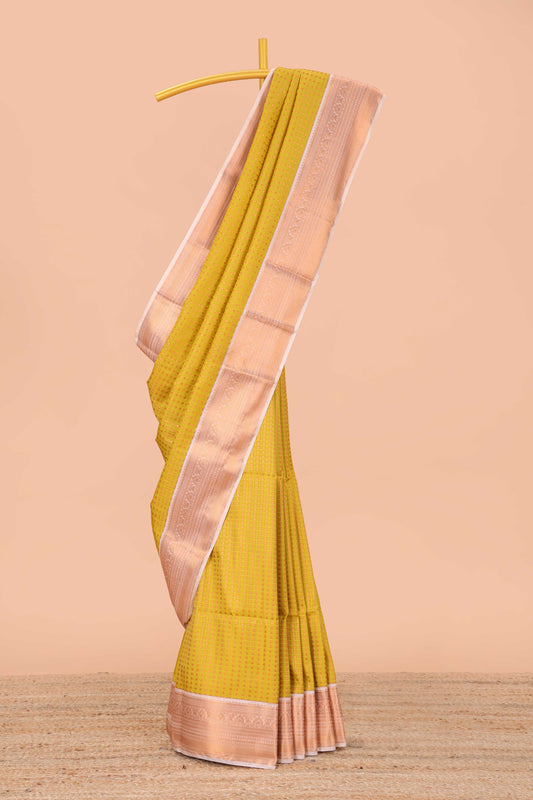 Mustard checked vairaoosi semi soft silk saree with floral zari butta and contrast Pallu