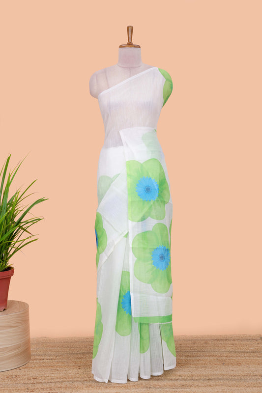 Borderless white linen cotton floral print saree with contrast blouse