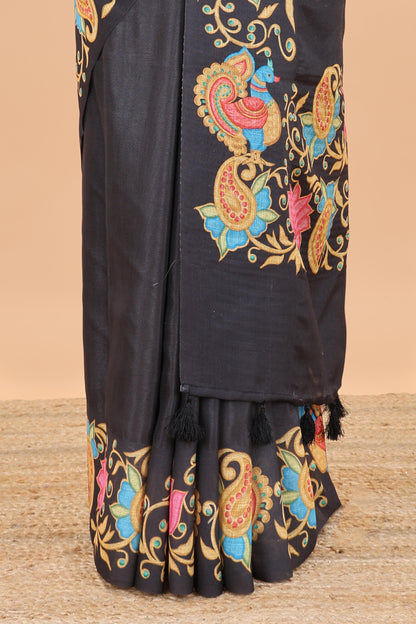 Black tanjore painting style linen tussar saree with peacock & lotus motifs and printed pallu