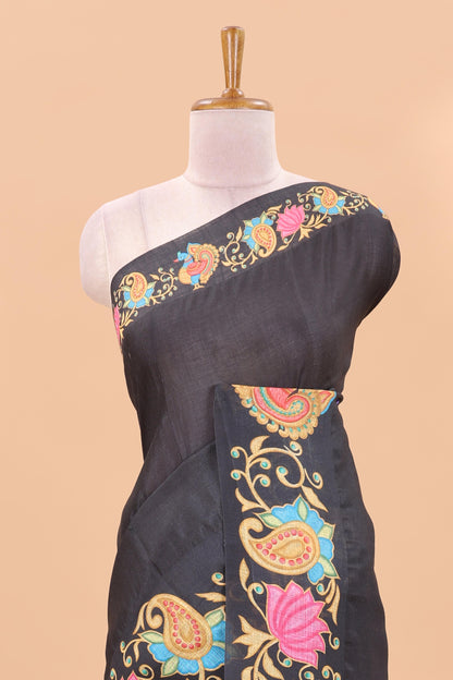 Black tanjore painting style linen tussar saree with peacock & lotus motifs and printed pallu
