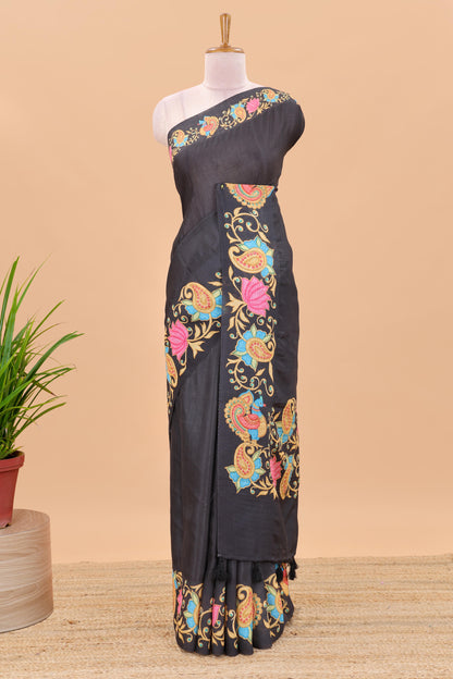 Black tanjore painting style linen tussar saree with peacock & lotus motifs and printed pallu