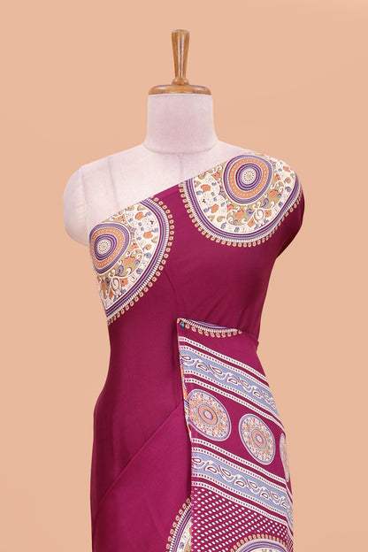 Mejanda color satin ajrakh modal printed saree with plain border and kalamkari print pallu