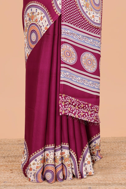 Mejanda color satin ajrakh modal printed saree with plain border and kalamkari print pallu