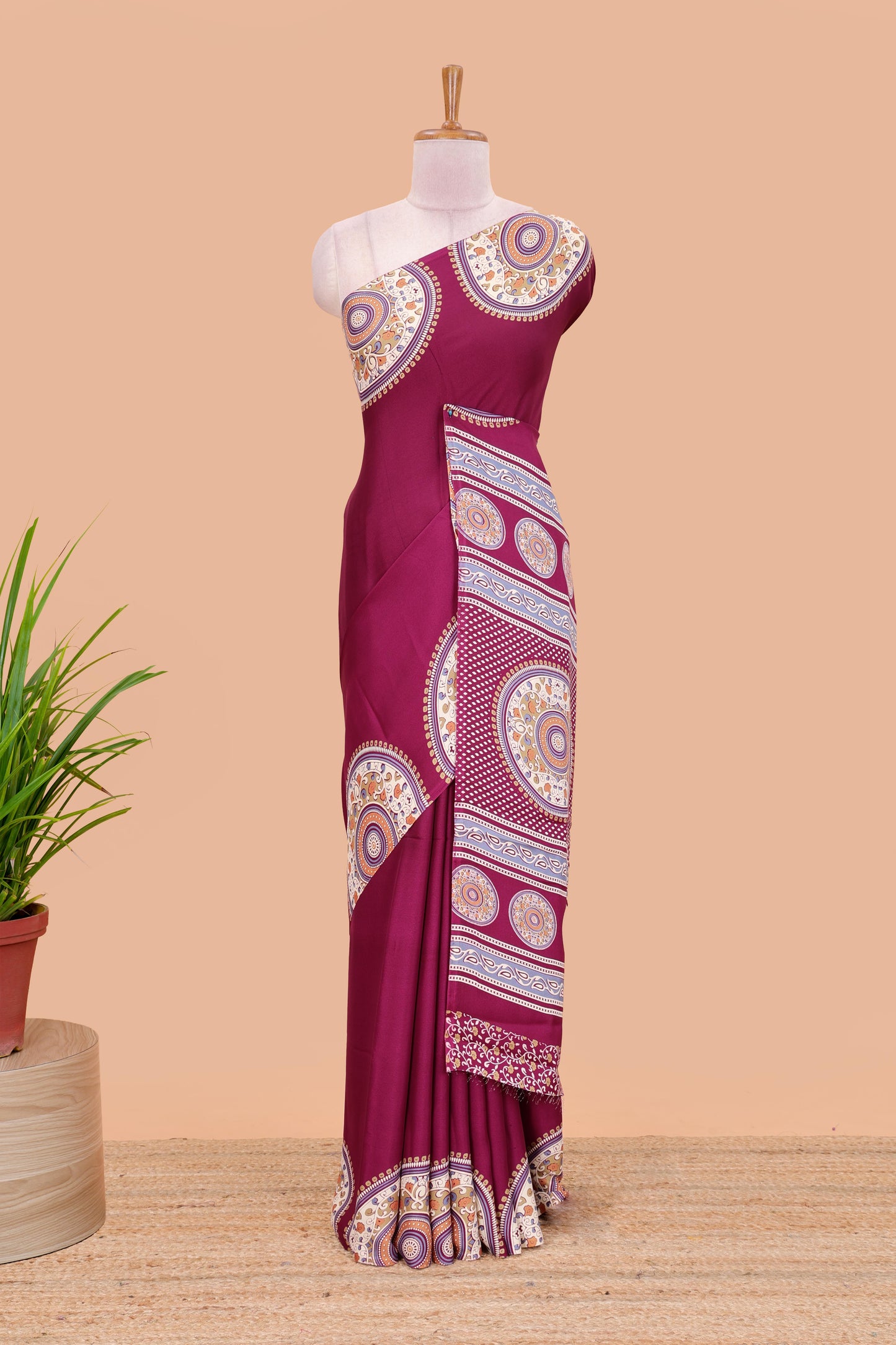 Mejanda color satin ajrakh modal printed saree with plain border and kalamkari print pallu