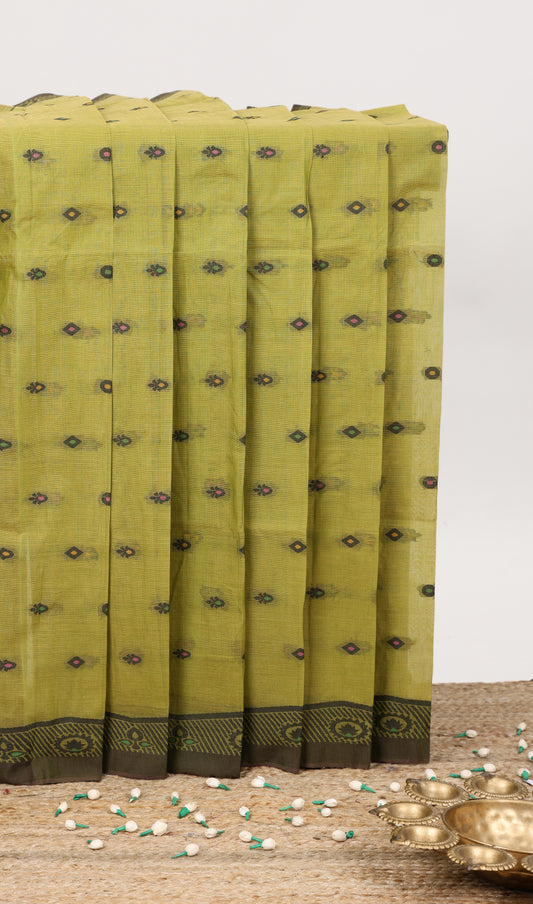 Green small butta bengal cotton saree with self border and floral design pallu
