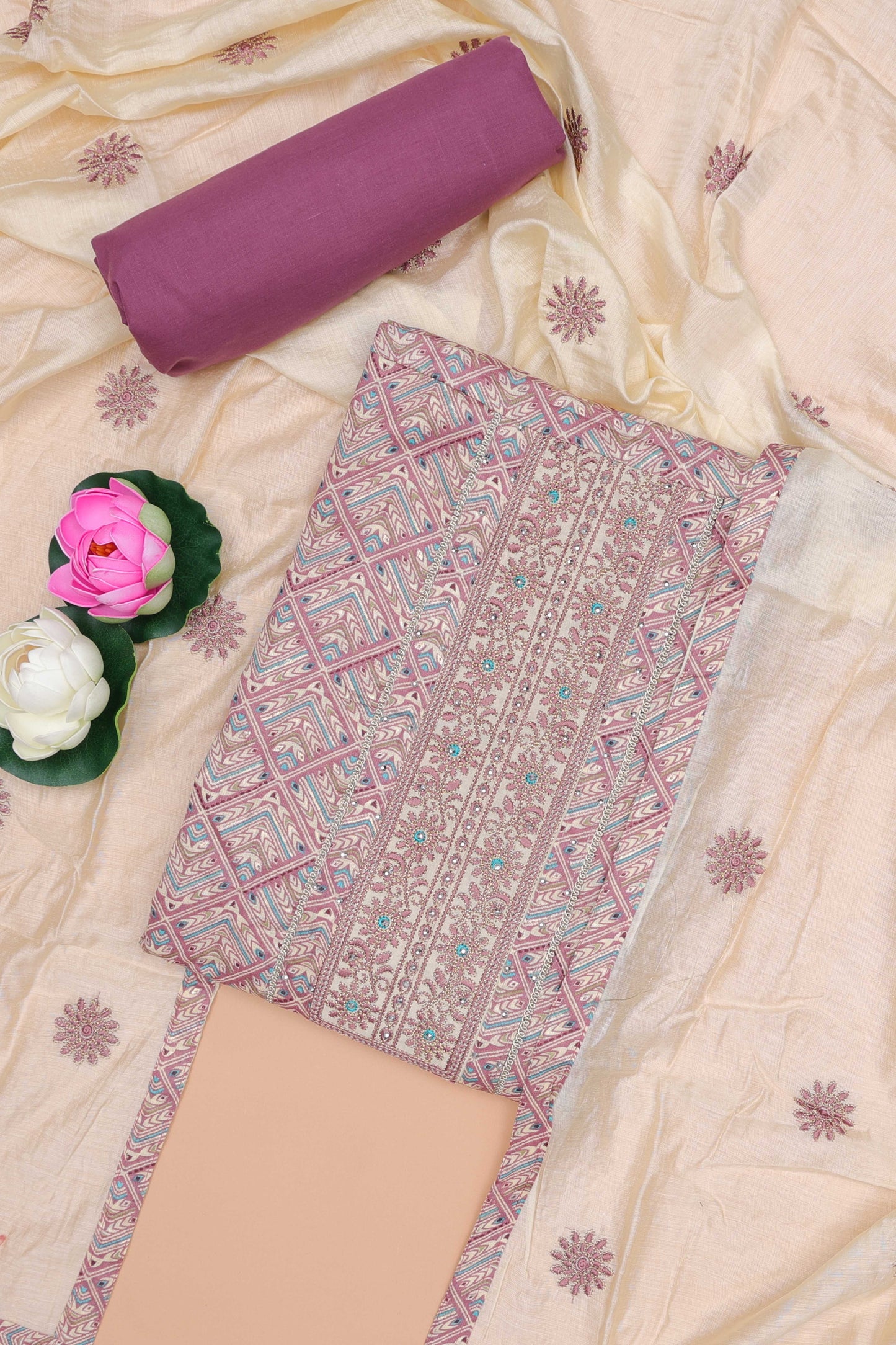 Violet cotton geomentrical embroidered chudidhar material with contrast bottom and dupatta