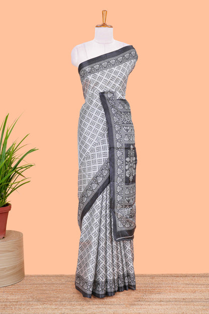 Grey geometric design khadi cotton saree with contrast border and printed pallu