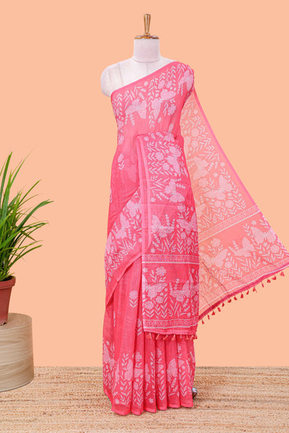 Pink linen cotton saree with floral buttas and butterfly motifs border, Printed self pallu and blouse