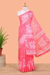 Red linen cotton floral and birds print saree with self border and matching printed blouse