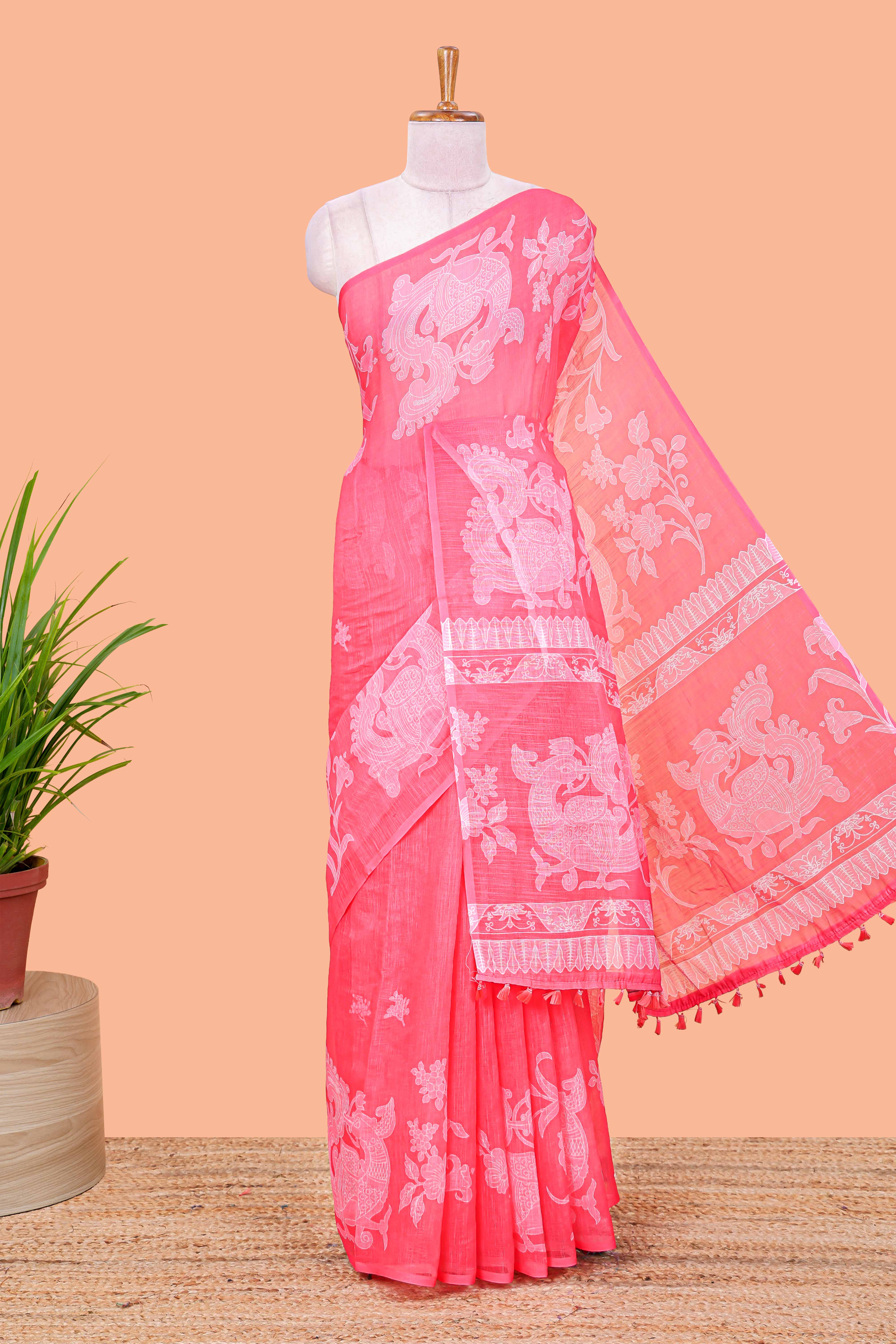 Red linen cotton floral and birds print saree with self border and matching printed blouse