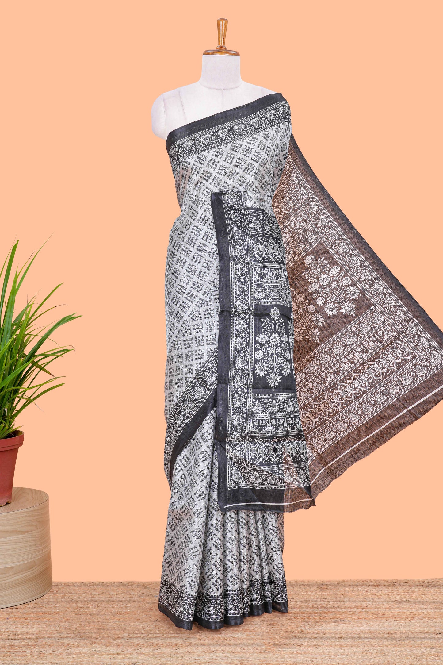 Grey geometric design khadi cotton saree with contrast border and printed pallu