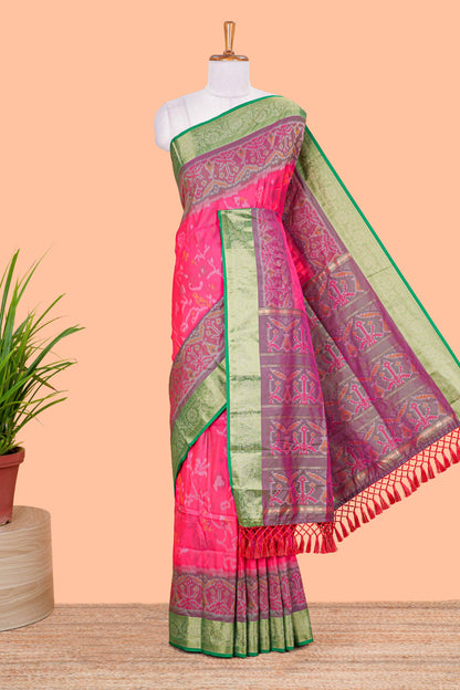 Pink ikkat style art silk saree with contrast border and printed pallu