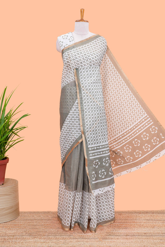 White and grey geomentric style linen cotton saree with matching blouse and printed pallu