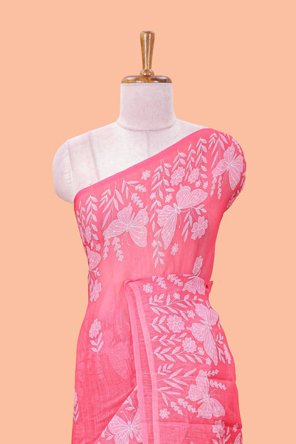Pink linen cotton saree with floral buttas and butterfly motifs border, Printed self pallu and blouse