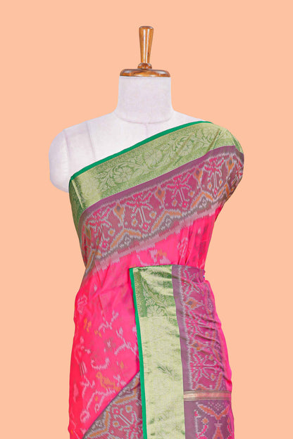 Pink ikkat style art silk saree with contrast border and printed pallu