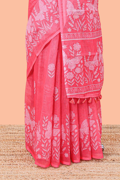 Pink linen cotton saree with floral buttas and butterfly motifs border, Printed self pallu and blouse