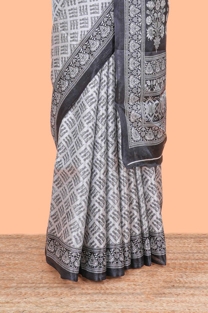 Grey geometric design khadi cotton saree with contrast border and printed pallu
