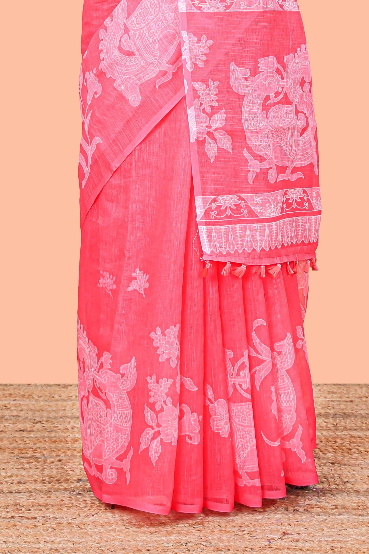 Red linen cotton floral and birds print saree with self border and matching printed blouse