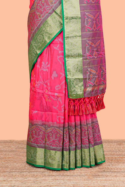 Pink ikkat style art silk saree with contrast border and printed pallu