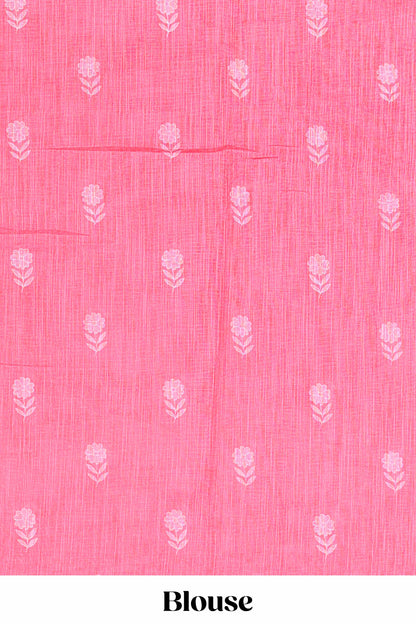 Pink linen cotton saree with floral buttas and butterfly motifs border, Printed self pallu and blouse