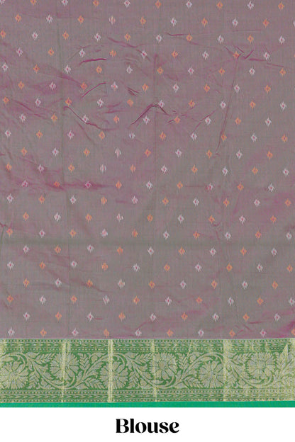 Pink ikkat style art silk saree with contrast border and printed pallu