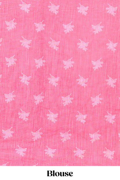 Red linen cotton floral and birds print saree with self border and matching printed blouse