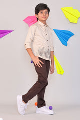 Two Piece Kids Party Wear Outfit - Beige Leaf Embroidery Shirt & Black Chino Pants