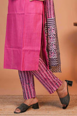 Pink embroidery mirror work design round neck salwar set with 3/4th sleeve, printed bottom and dupatta