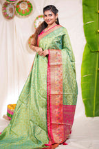 Green geometric design kota cotton saree with contrast border and printed pallu