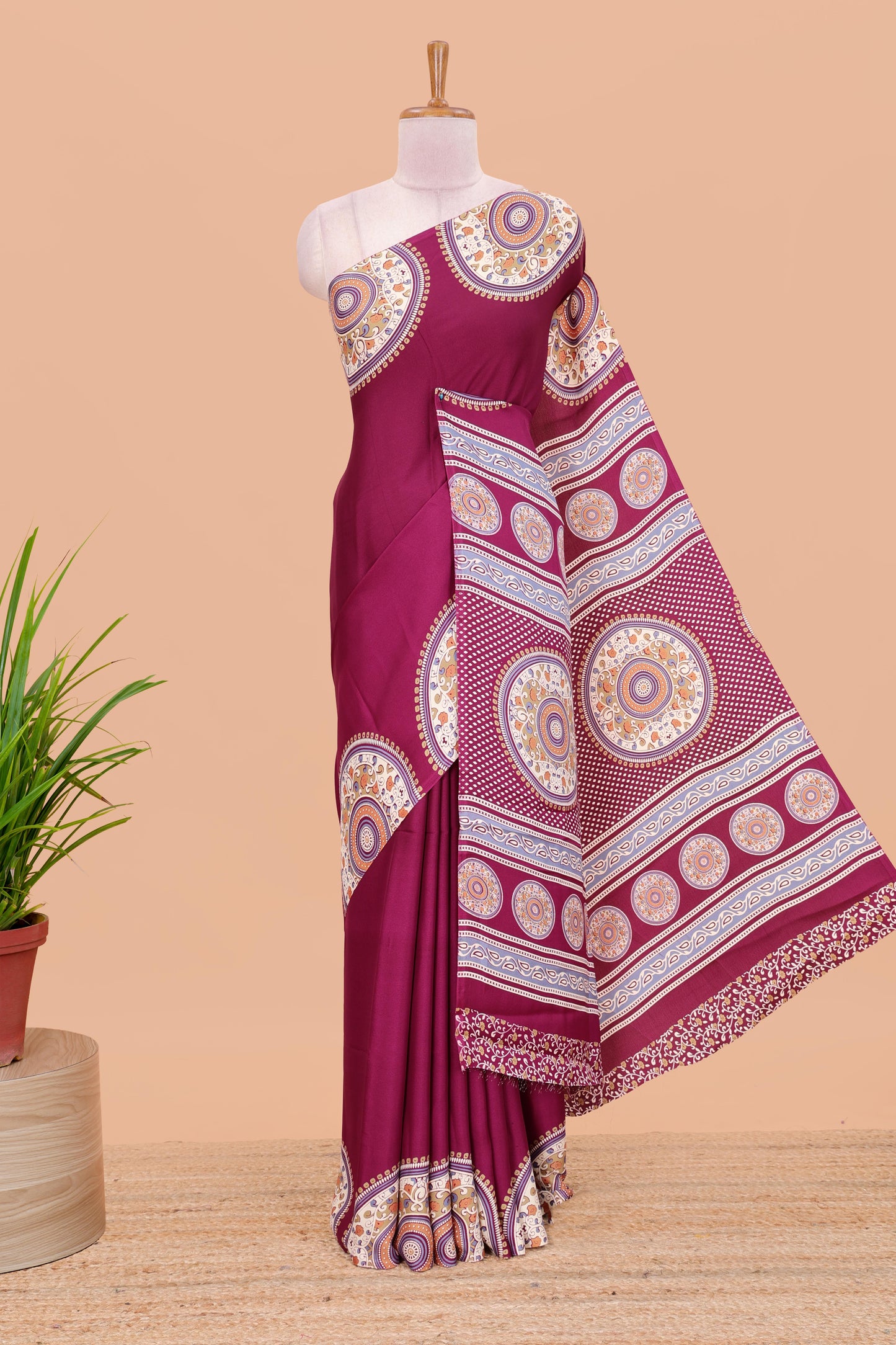 Mejanda color satin ajrakh modal printed saree with plain border and kalamkari print pallu