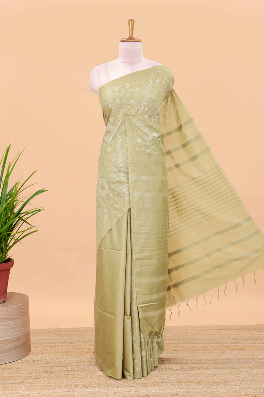 Borderless sandal geomentric floral vines chikankari cotton saree with stripes pallu