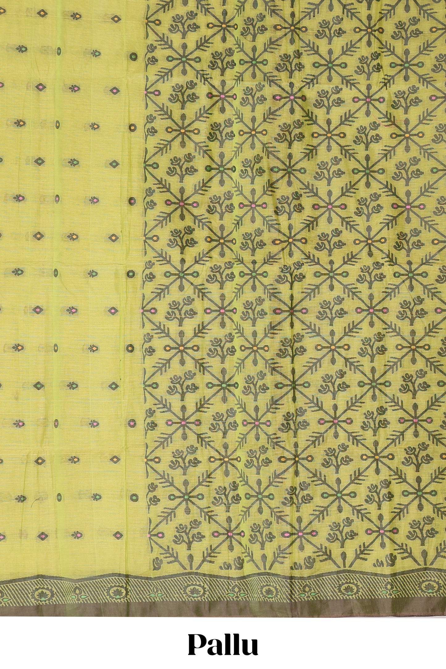 Green small butta bengal cotton saree with self border and floral design pallu