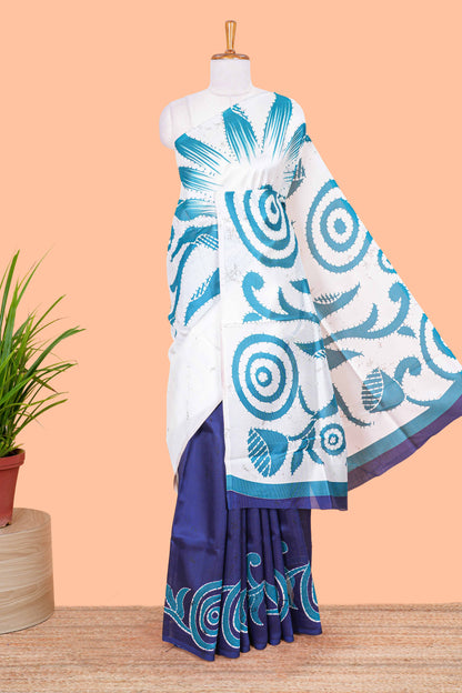 White and navy blue floral print litchi art silk saree with scallop print pallu