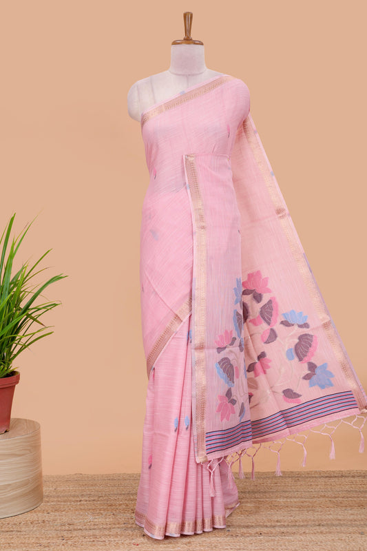Pink linen cotton saree with buttas and floral design pallu, zari border