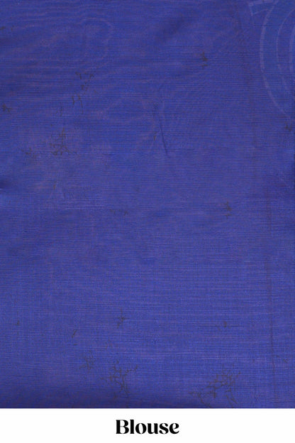 White and navy blue floral print litchi art silk saree with scallop print pallu
