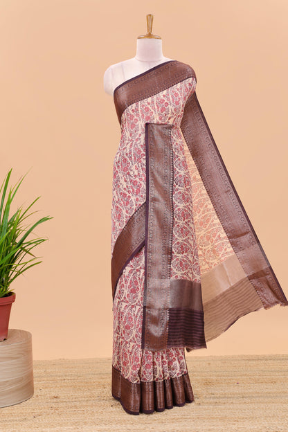 Cream paisley print chanderi cotton saree with contrast zari border and pallu