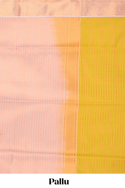 Mustard checked vairaoosi semi soft silk saree with floral zari butta and contrast Pallu