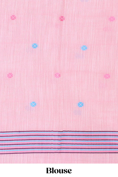 Pink linen cotton saree with buttas and floral design pallu, zari border